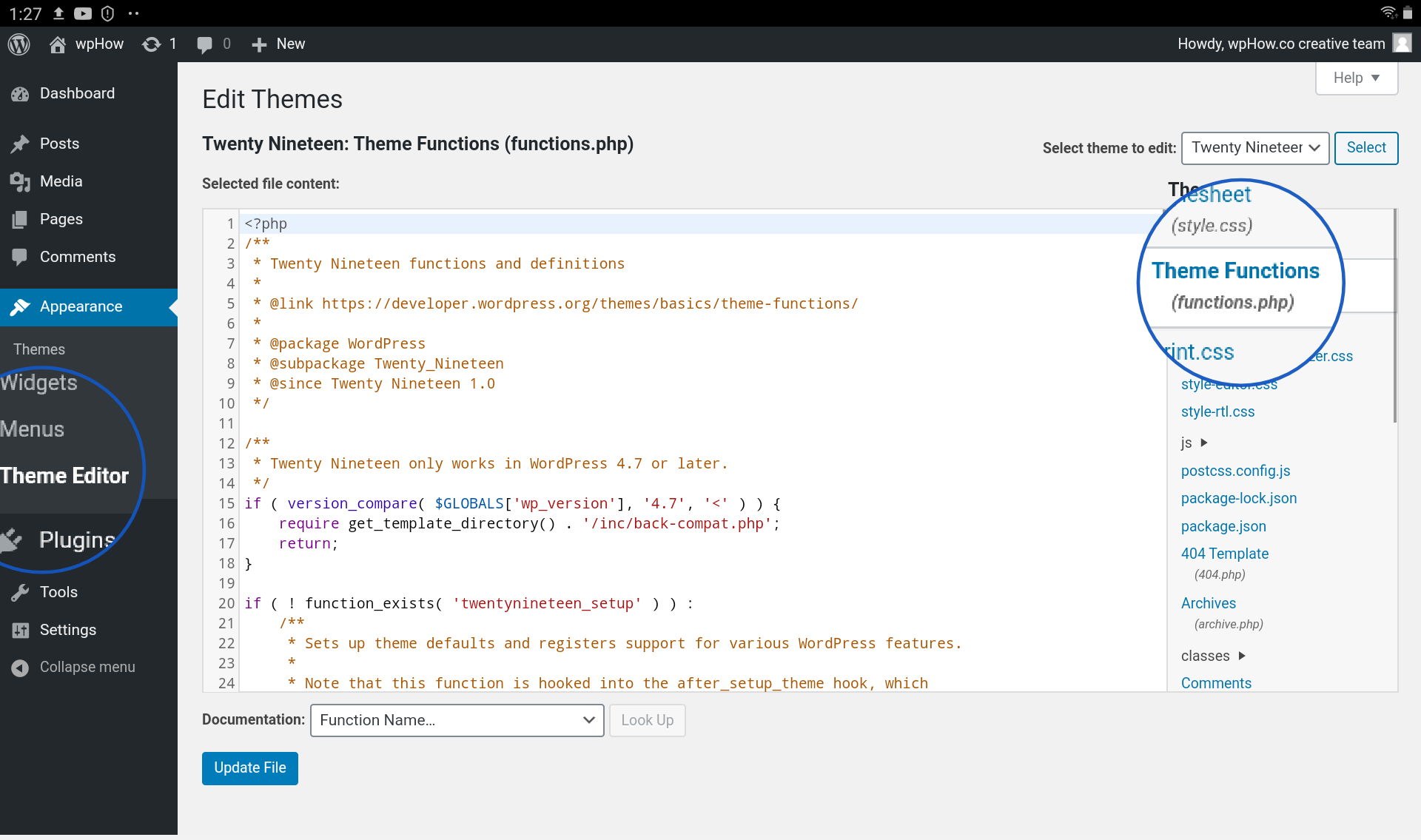 function-PHP-selected-in-theme-editor