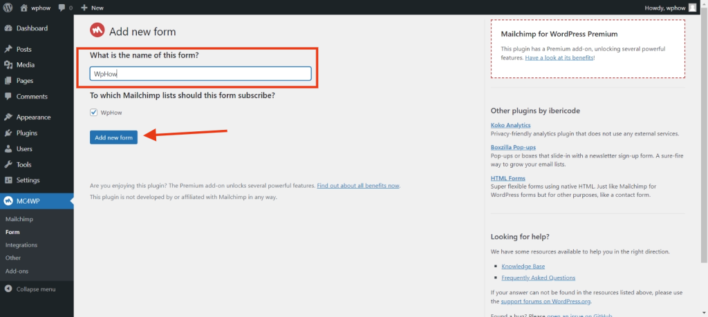 How to add Mailchimp to WordPress- Add new form
