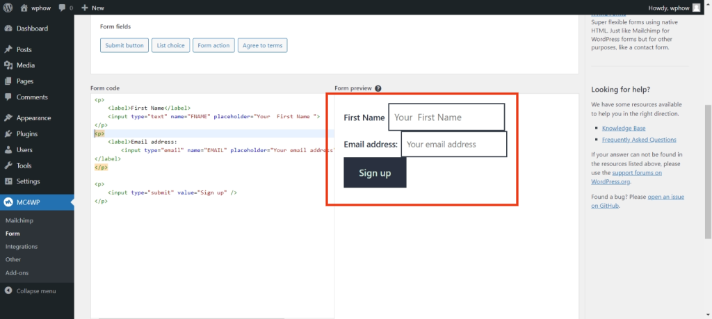 How to add Mailchimp to WordPress- Adding a form