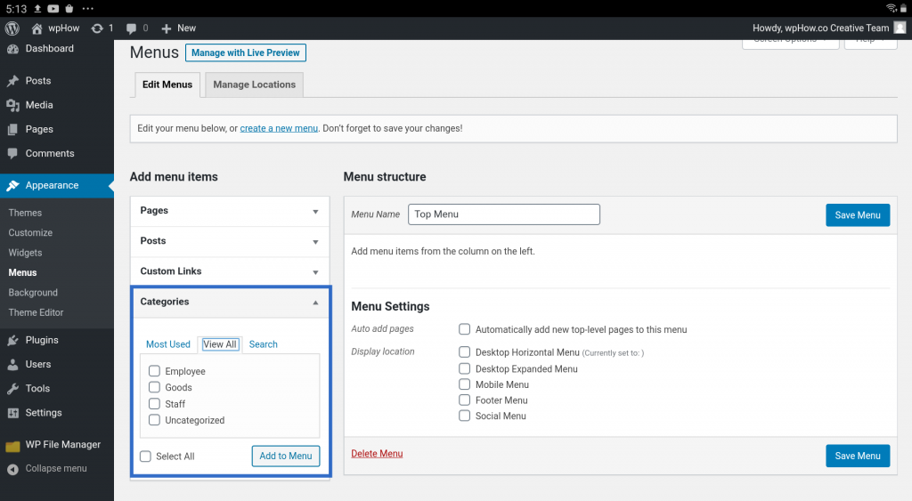 Create a Custom Menu in WordPress - Categories