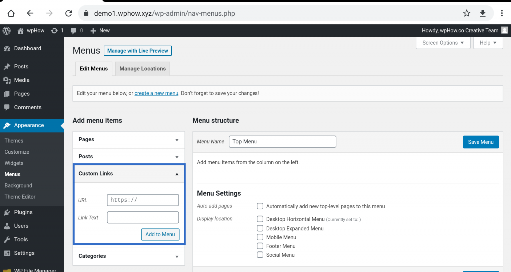 Create a Custom Menu in WordPress - custom link