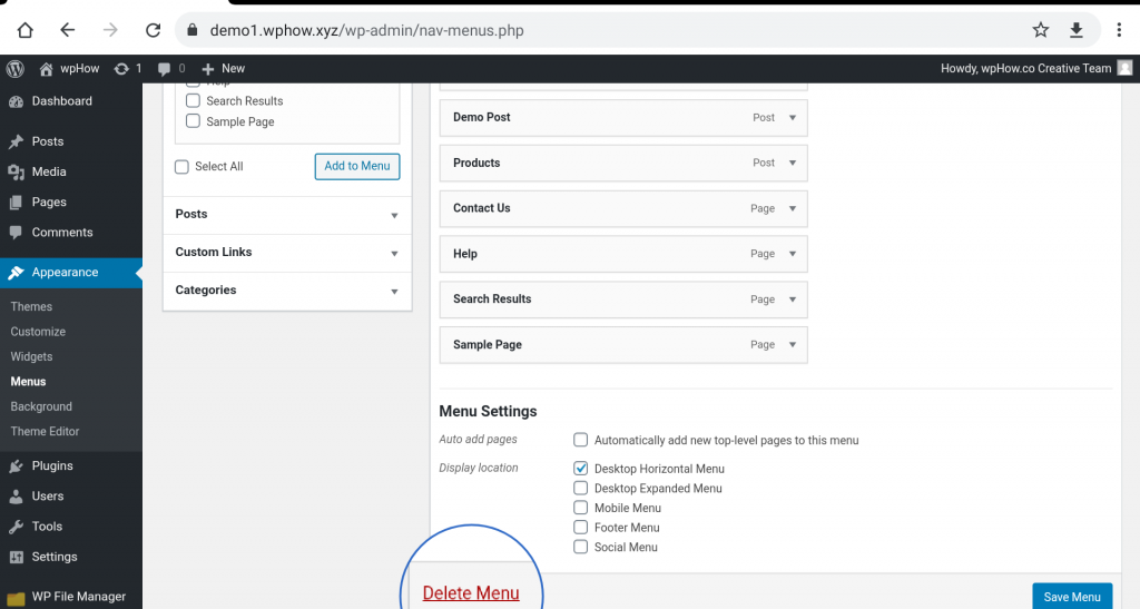 Create a Custom Menu in WordPress - Delete menu