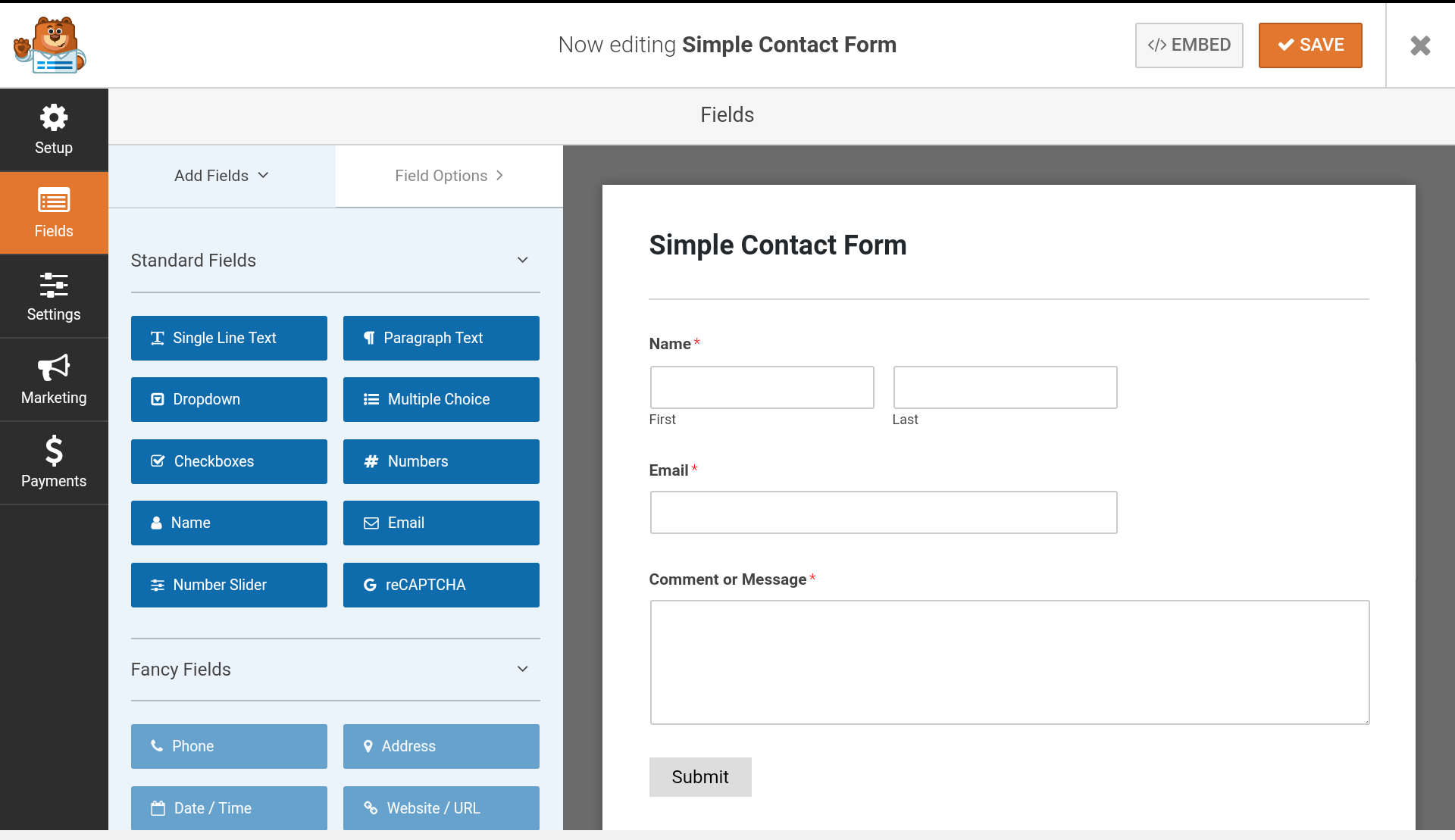 how to add a contact form on wordpress- fields