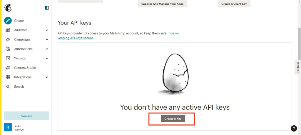 How to add Mailchimp to WordPress- Create an API key