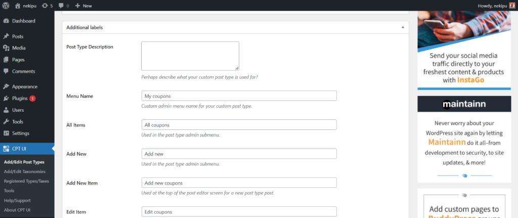 create custom post types- additional labels