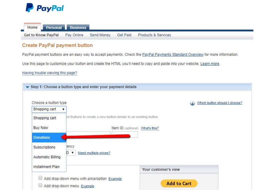 PayPal Donate Button in WordPress - select donations - paypal donate button wordpress