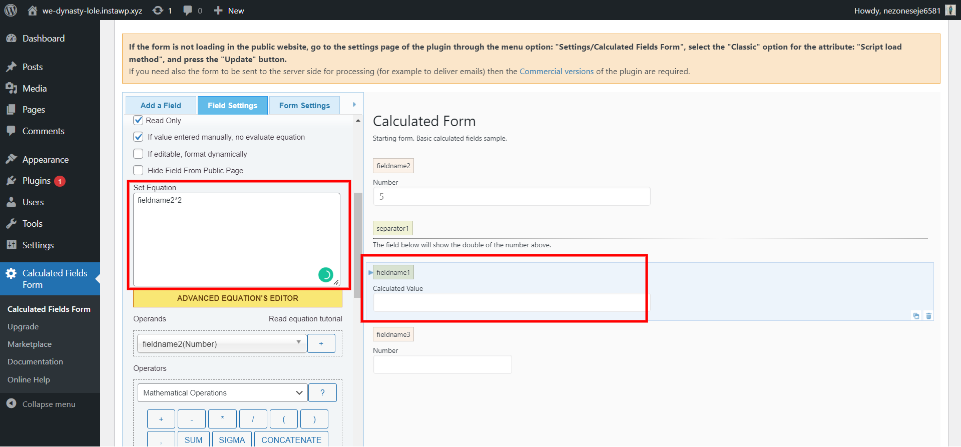 calculator in WordPress - insert formulas - custom calculator for website