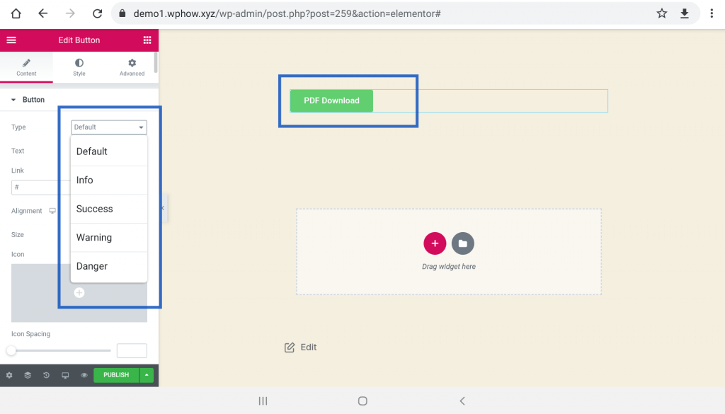 PDF Download Button Using Elementor - Button Settings 