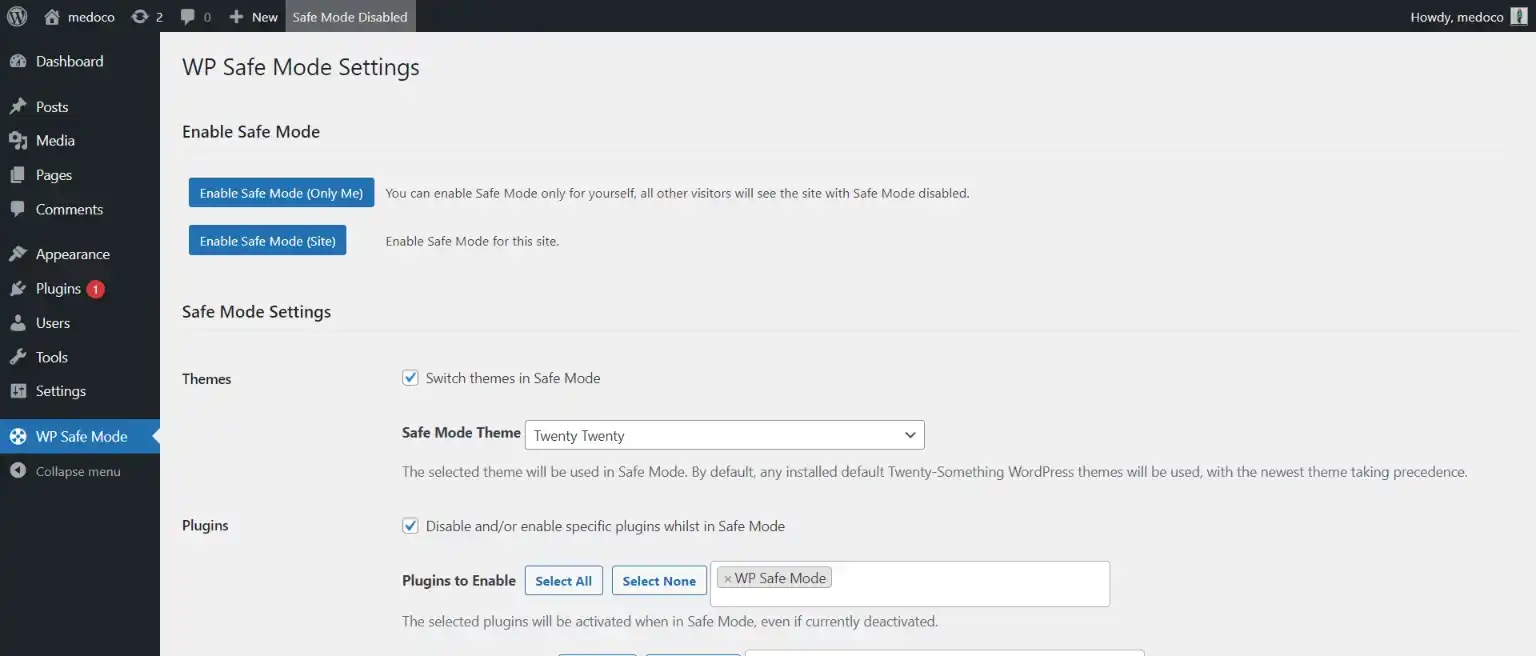 enable safe mode in wordpress- configure settings - wordpress safe mode