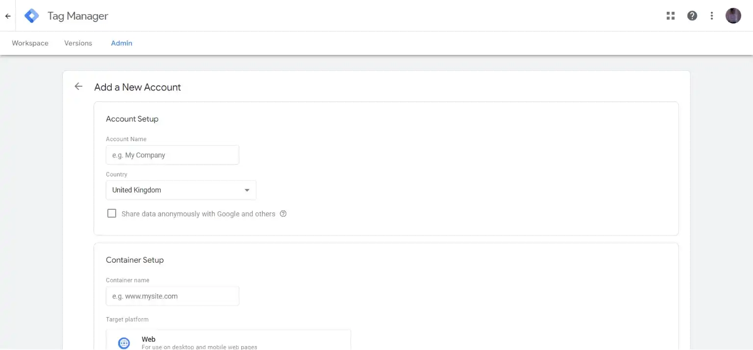 google tag manager - Add a new account - gtm for wordpress