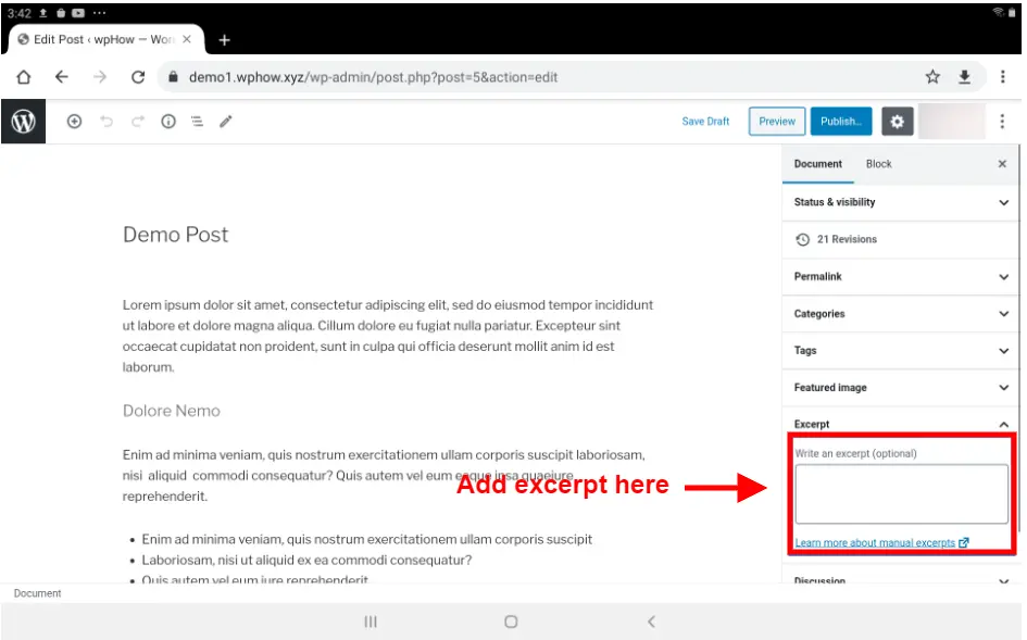 Add Post Excerpt in WordPress - Add excerpt here