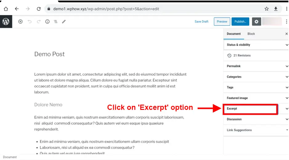 Add Post Excerpt in WordPress - Click on 'Excerpt' option