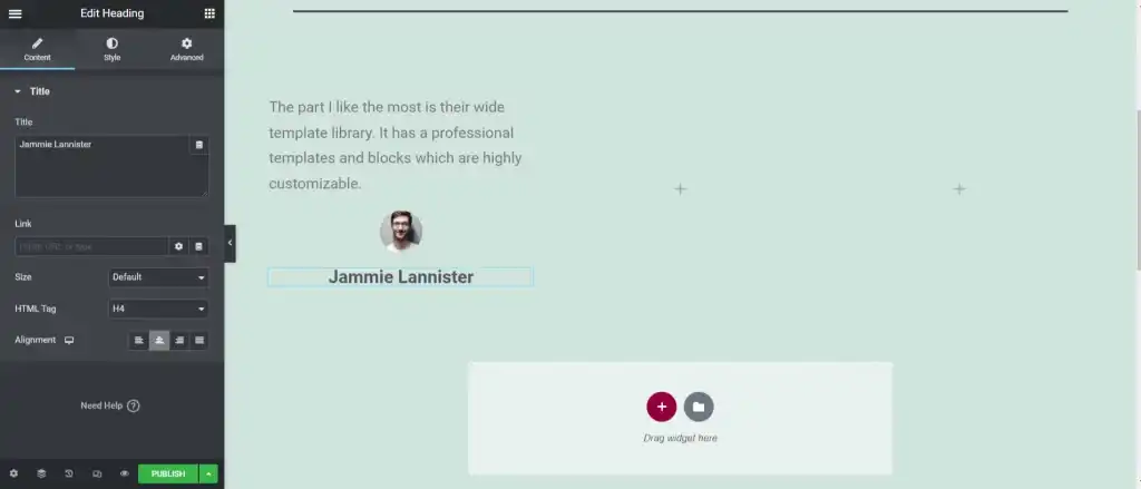 Testimonial block in Elementor- Position heading