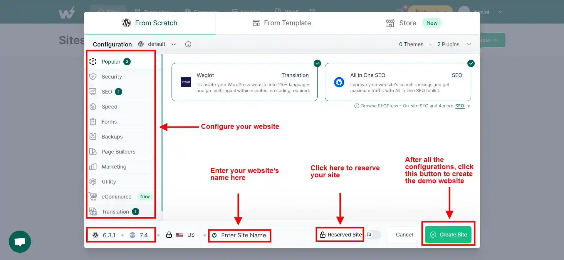 WordPress demo website - Configurations