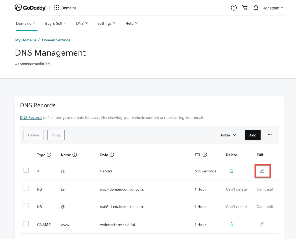 WordPress DNS Configuration - edit A record