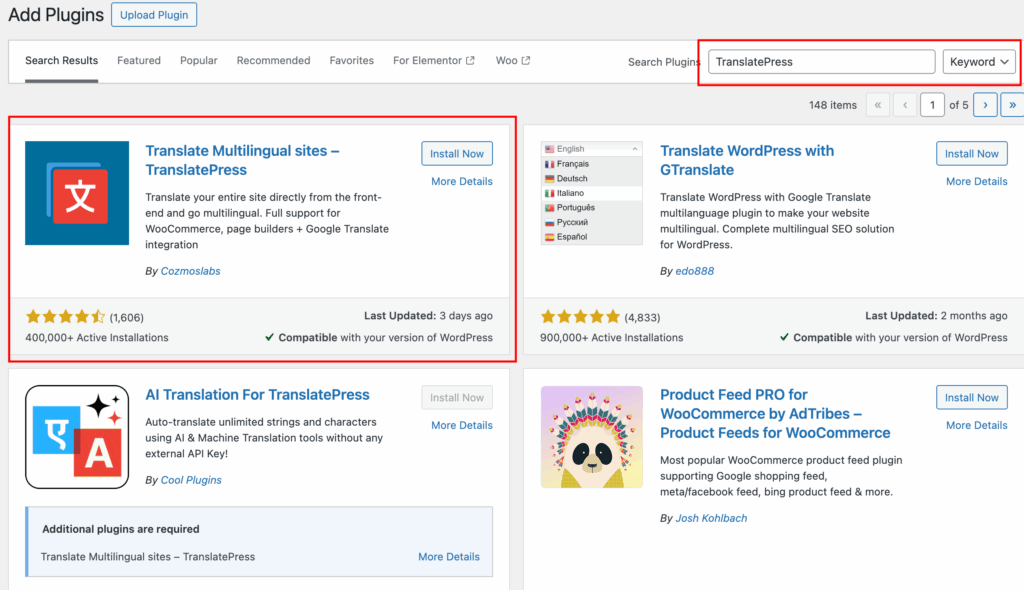 Translate a WordPress Website - Add the plugin