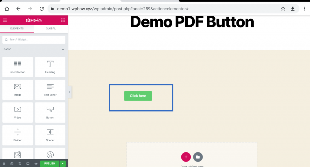 PDF download button using Elementor- Add button - elementor button