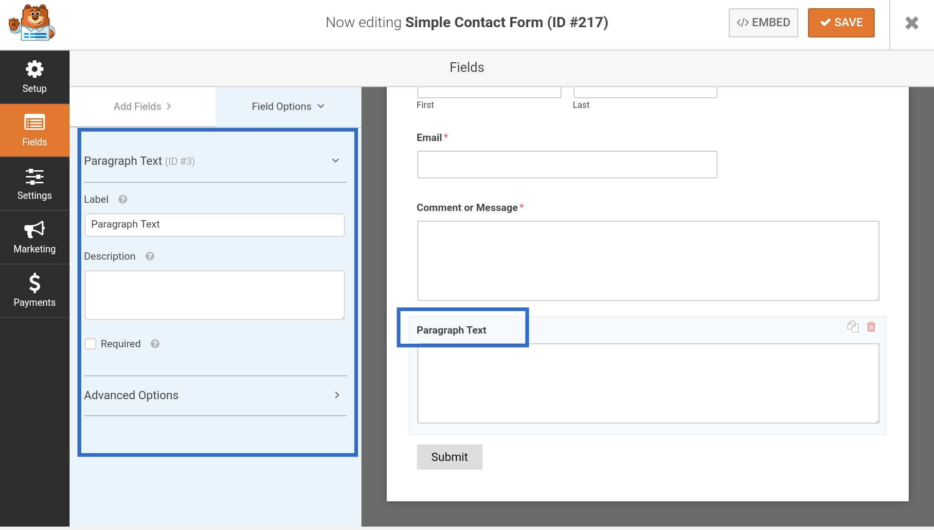 add a contact form to wordpress- text