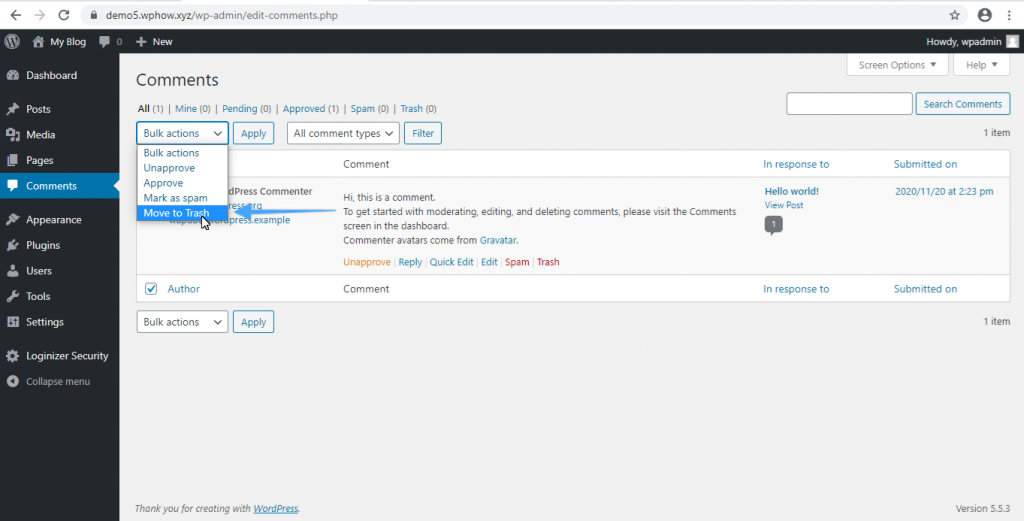 delete comments in WordPress- move to trash