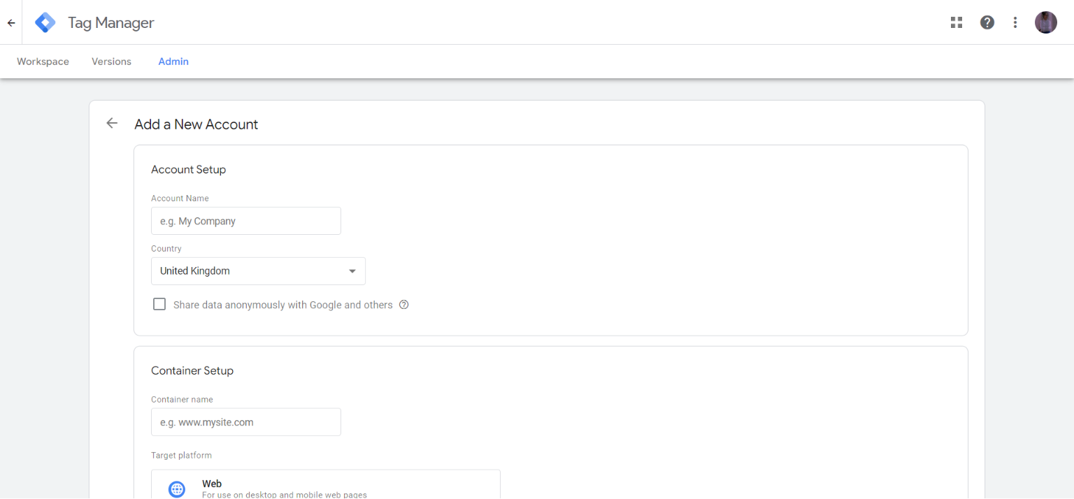 google tag manager - Add a new account - gtm for wordpress