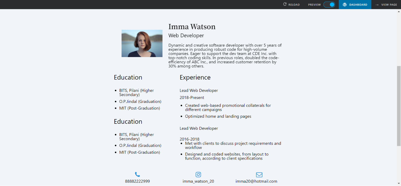 create a resume using a page builder - view preview
