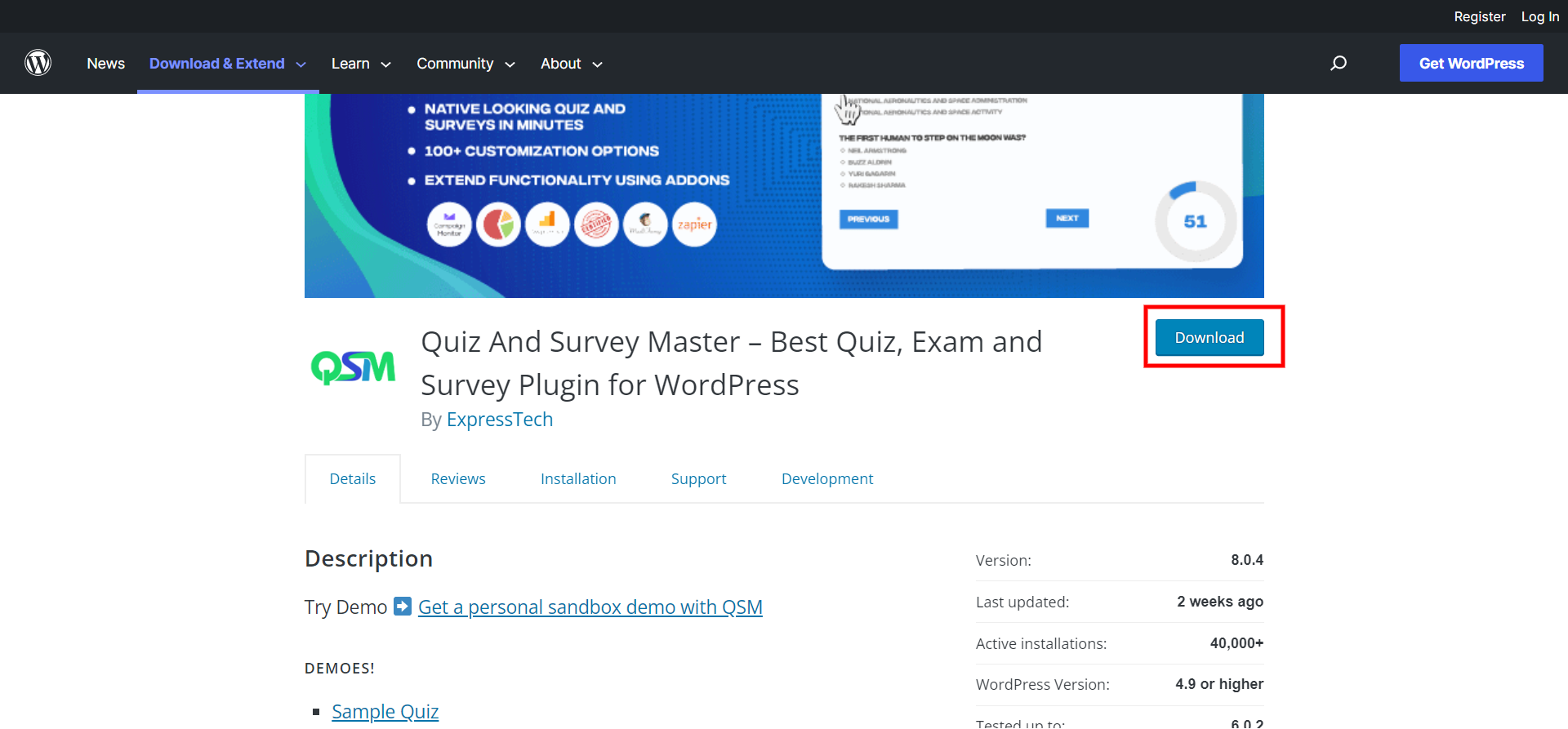 create a survey in WordPress - install qsm from WordPress