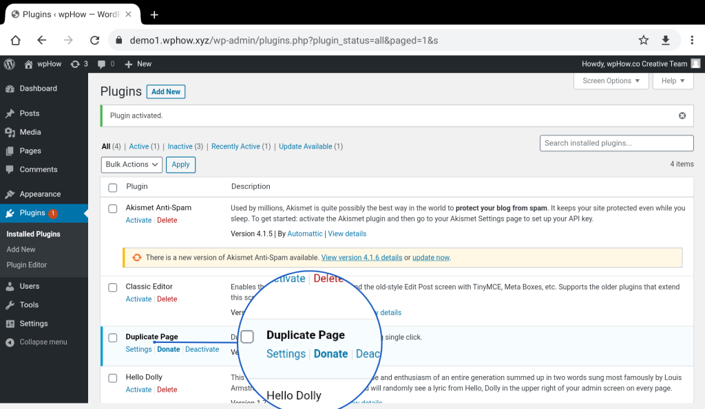 Click on Settings - Duplicate Page in WordPress